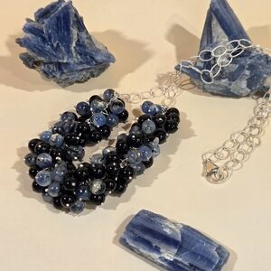 Genuine Handcrafted Sterling Silver Cluster Necklace With Kyanite & Black Jade